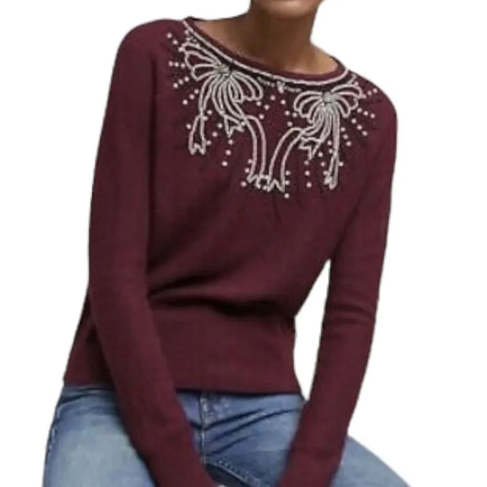Anthropologie FIELD FLOWER Pearl Beaded Bow Embellished Sweater S